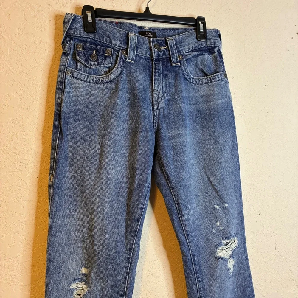 True Religion Ricky Relaxed Straight Distressed Blue Denim Jeans Mens Size 28x32